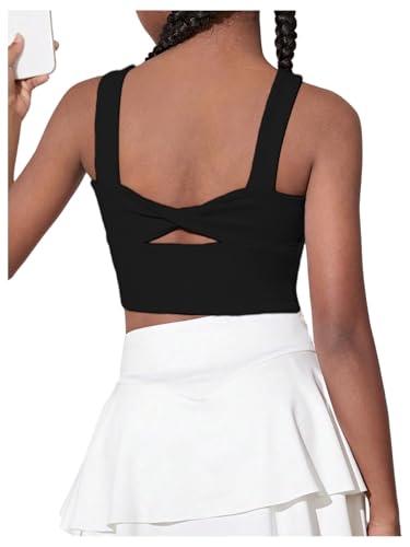WDIRARA Girl's Twist Back Sports Bras Backless Tank Top Workout Sports Shirts for Gym Black Plain, 8Y