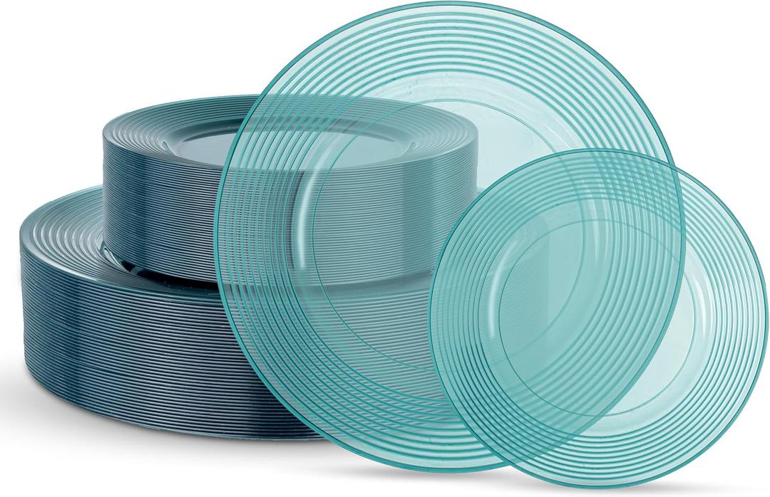 FLOWERCAT 100PCS Clear Blue Plastic Plates - Heavy Duty Plastic Plates Disposable -Straw hat plate for Birthday party &Wedding - Serve for 50Guests Party, 10 Inch & 7 Inch, Blue