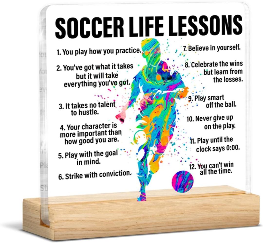 Soccer Gifts for Men Boys, Inspirational Gifts for Soccer Player Lover Fans, Acrylic Plaque Sign with Wooden Stand Home Office Decor