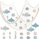 16pcs Nautical Fish Net Wall Decoration Nature Fishing Fishnet Wooden Decor Shells Seahorse Starfish Whelks Decorative Hangings Pirate Party Mediterranean Wedding (Sky Blue)