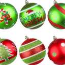 Lanpn 6Pcs 4" Large Outdoor Christmas Ornaments, Xmas Tree Elf Swirl Ball Decoration, Big Red Green Christmas Ornament, Giant Glittering String Ball Plastic Hanging Decor for Yard Lawn Holiday Party