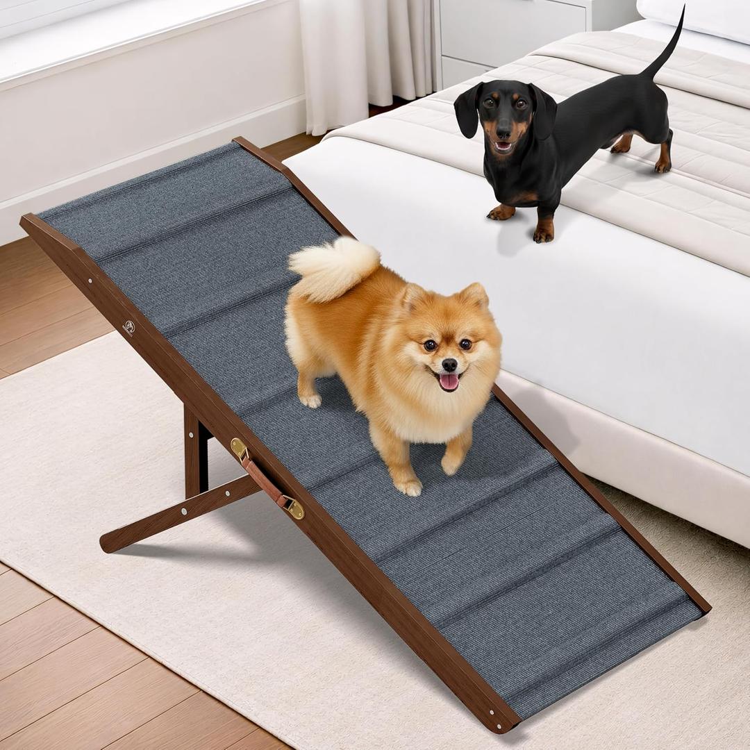 Adjustable Dog Ramp - 45" L x 18.5" W Bed Ramps for Small Dogs with 6 Incline Levels & Non-Slip Traction Carpet - Also Ideal for Medium & Large Breeds (Walnut)