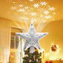 Christmas Tree Topper Star: Lighted with 6 Projected Patterns Snowflake Projector Lights-3D Hollow Glitter LED Magic Rotating Light for Christmas Tree Decorations Ornament Silver