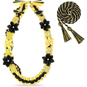 Graduation Ribbon Lei Class of 2025 Grad Lei Kit Graduation Double Braided Necklace with Honor Cord for Graduate Women Men High School College Grad Party Supplies(Black, Gold)
