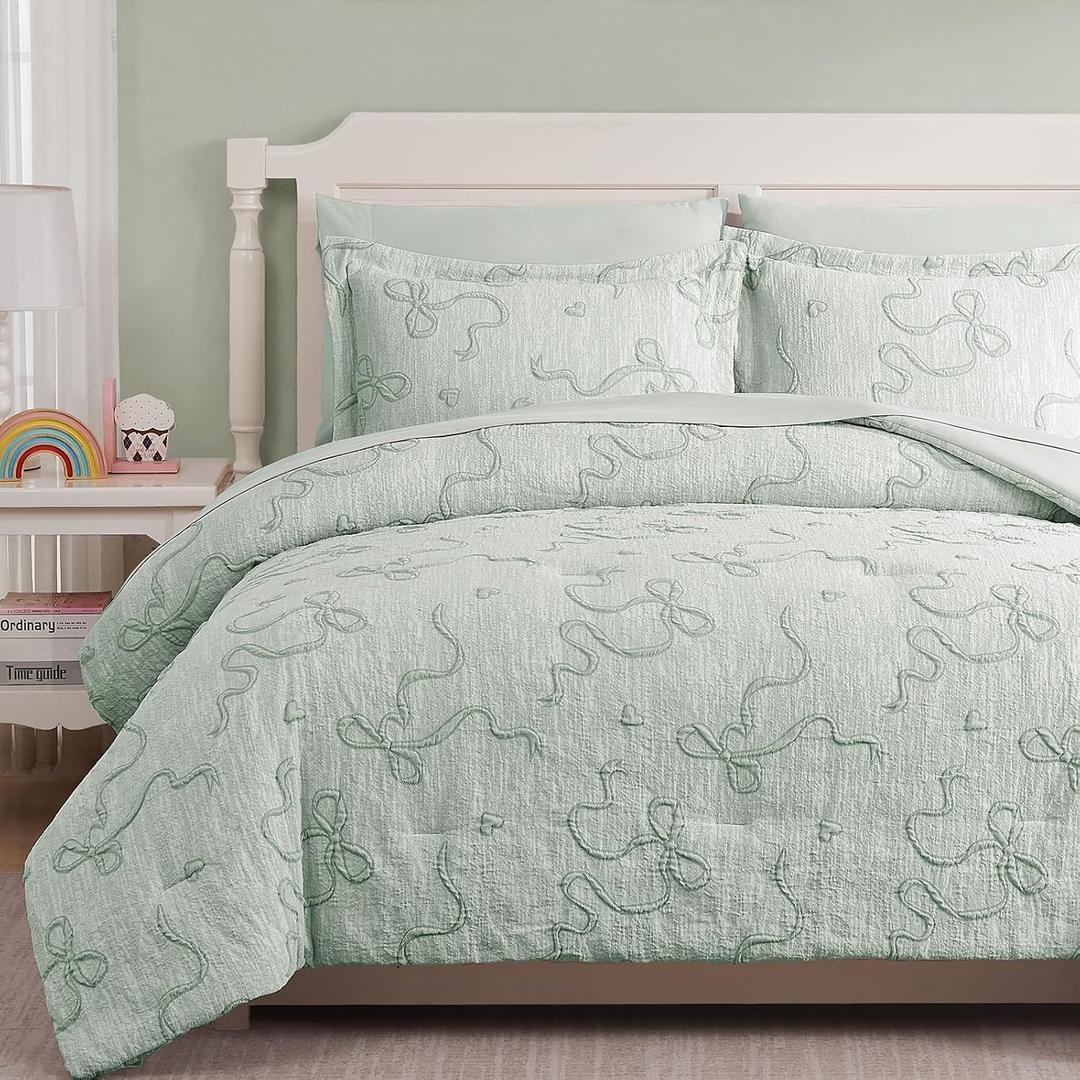 Geniospin Light Green Full Comforter Set for Girls- 6 Pieces Bowknot Jacquard Bed in A Bag Full Bedding Sets with Sheets, Pillowcases & Shams, All Season Kids Comforter Set