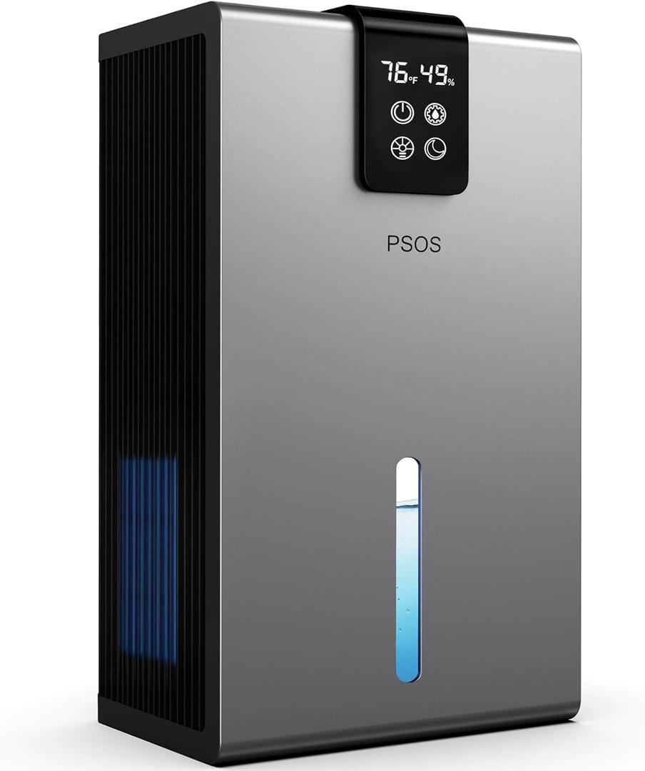 PSOS Dehumidifier, Dehumidifiers for Home, 98 OZ Water Tank, (1000 sq.ft) Quiet Dehumidifier for Basement Bathroom Bedroom with Humidity Display, Auto Shut Off, Relaxing 7 Color Ambient Light(Gray)