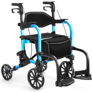 2-in-1 Heavy Duty Rollator Walker with 10" Front & 8" Rear Airless Tires, Foldable Transport Wheelchair for Seniors, Supports Up to 300 lbs, Adjustable Height, Safety Features, Easy Storage (Blue)