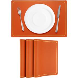 uxcell 4 Pcs Faux Leather Placemats for Dinner Table, PU Leather Rectangle Table Mats Placemats Heat Resistant Waterproof Oil Proof Kitchen Placemats (Orange Gold Line)