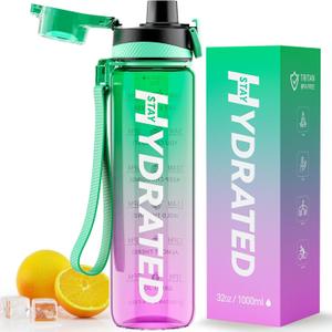 Water Bottle, 32 oz Motivational Water Bottles with Time Marker-Tritan & BPA Free, Sports Water Bottle with Time to Drink & Strap, Wide Mouth, Leakproof -Gift for Christmas Gym Fitness & Outdoor (33.8 Ounces, Light Purple)