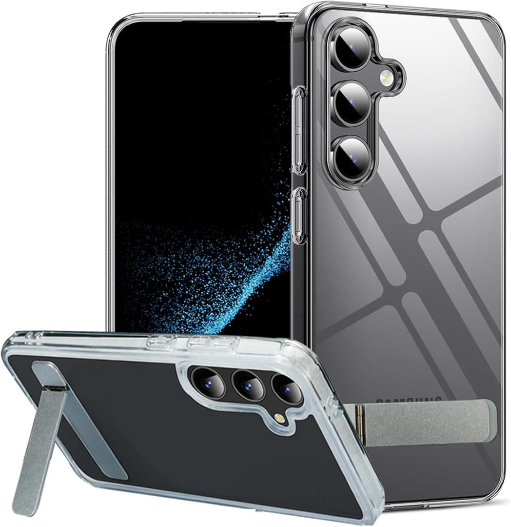 for Galaxy A55 5G Clear Case with Stand, Built in 3-Way Metal Kickstand TPU Bumper & PC Back Crystal Transparent Anti-Yellowing Protection Phone Case for Samsung Galaxy A55 (2024) (Clear)