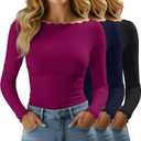 Huukeay 3 Pack Women's Long Sleeve Tops Lettuce Trim Boat Neck Shirts Slim Fit Casual Basic Fitted Tees (S)