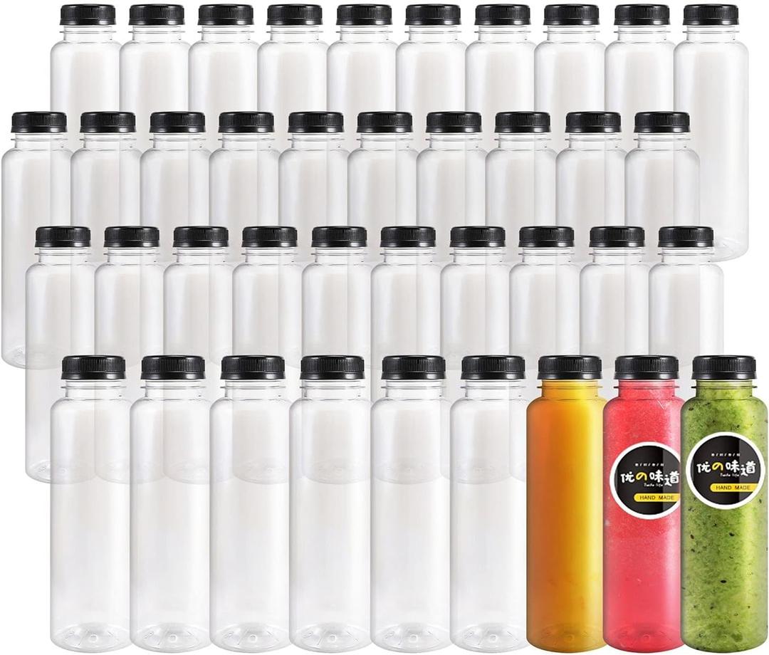 Kaderron 40pcs 12oz Plastic Juice Bottles with Caps, Empty PET Disposable Plastic Bottles, Clear Bulk Drink Containers with Black Tamper Evident Lids for Juicing, Drinking and Other Beverages