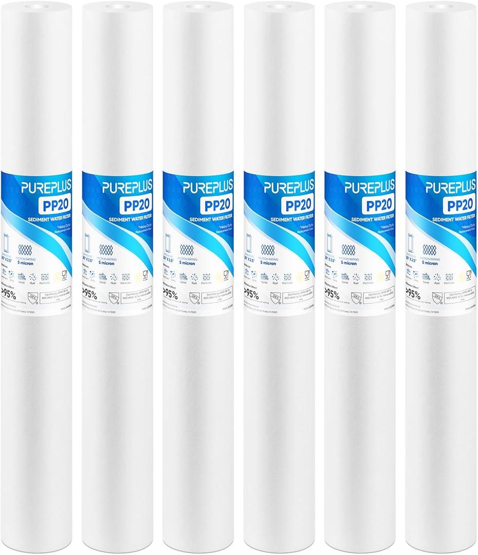 PUREPLUS 5 Micron 20" x 2.5" Whole House Sediment Home Water Filter, 20-inch Sediment Pre-Filtration, Replacement Cartridge Aqua Pure AP110-2C, Pentek P1-20/SP-P1-20/PX01-20, 6Pack