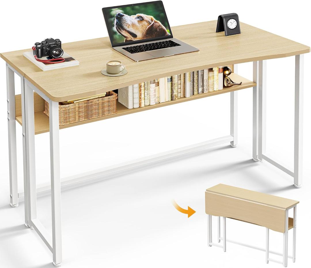 Huuger Folding Desk with Storage Shelf, 39.3 Inch Foldable Computer Table for Small Spaces, Space Saving Sofa Table for Couch, Writing Work Office Computer Desk, Easy to Fold, Oak (18.5"D x 39.4"W)
