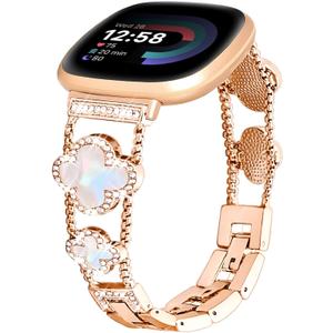 for Metal Bands, Compatible with Fitbit Versa 4/Versa 3/Fitbit Sense 2/Sense Band Smart Watch, Diamond Four Leaf Clover Stainless Watch Strap for Women