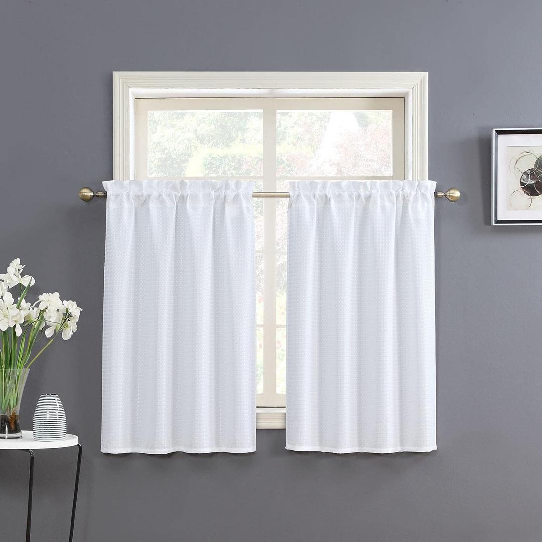 Home Queen White Water Resistant Bathroom Window Curtain, Waffle Textured Half Tier Curtains for Kitchen Cafe, 36" W X 45" L Inches, Set of 2