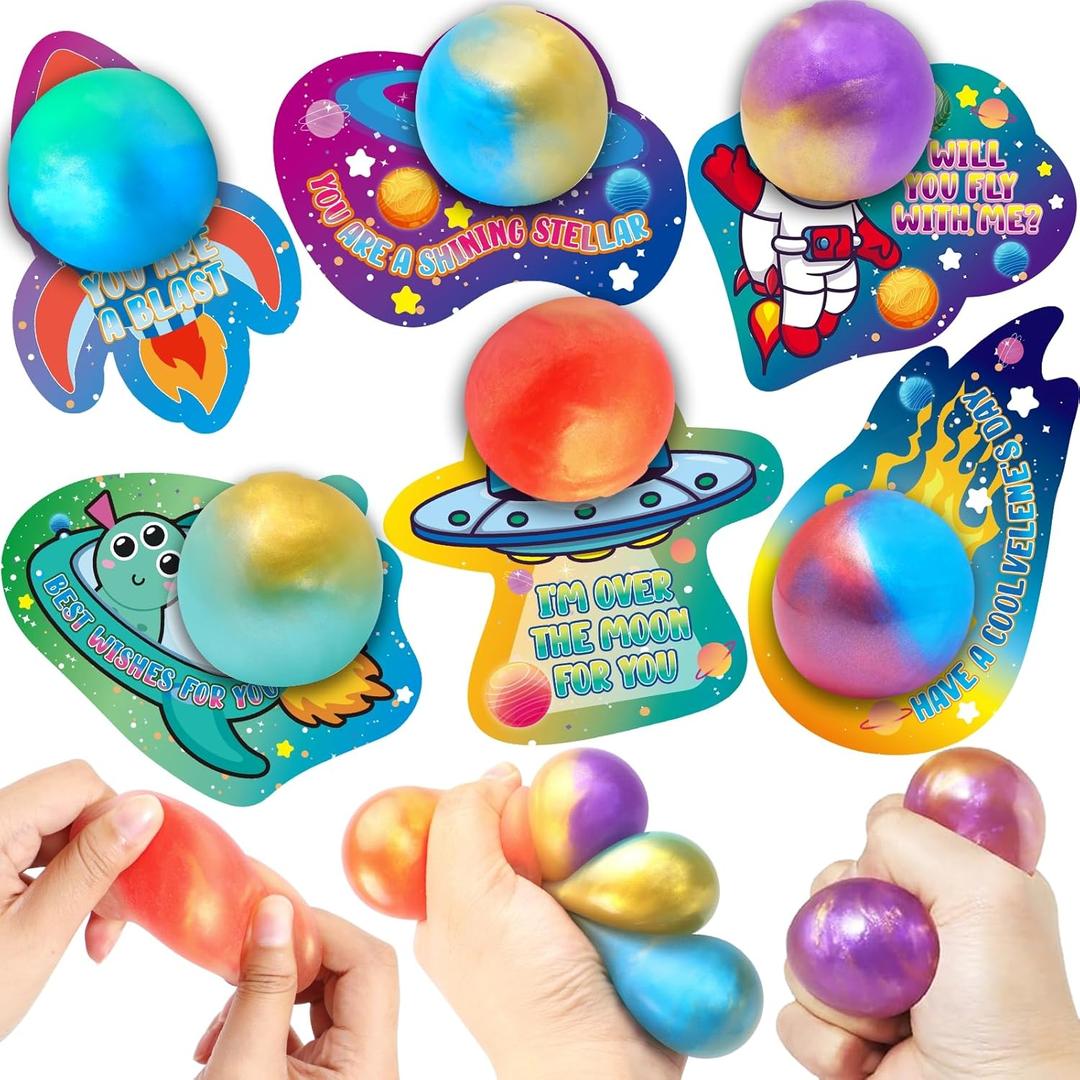 24 Pack Valentines Party Favors with Slime Stretchy Balls Kit, Valentines Cards for Kids with Greeting Cards, Valentines Day Gifts for Kids Classroom, Exchange Gift and Class Prizes for Boys Girls