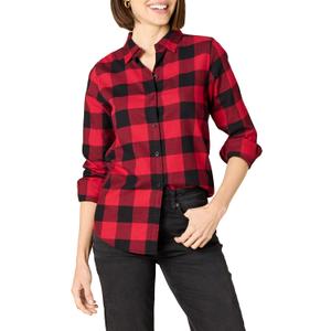 Amazon Essentials Womens Regular-Fit Long-Sleeve Lightweight Plaid Flannel Shirt (Medium, Red Buffalo Check)