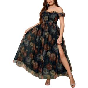 Plus Size Cocktail Dresses for Curvy Women: Tea Party Dresses for Woman - Milkmaid Dress Plus Size - Elegant Dress for Gala - Floral Formal Gown