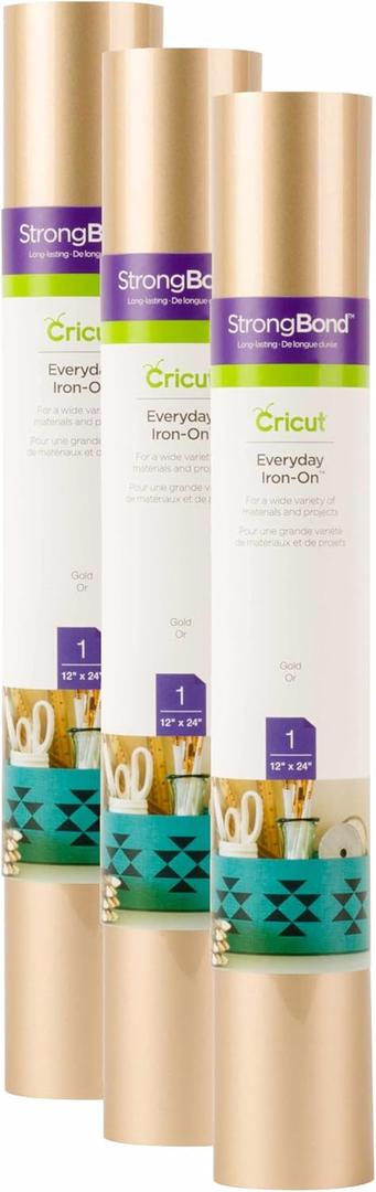 Cricut Everyday Iron On, Gold, 3-Pack of 2ft Rolls (12"x24") Heat Transfer Vinyl for Shirts, Hats, Dcor & More