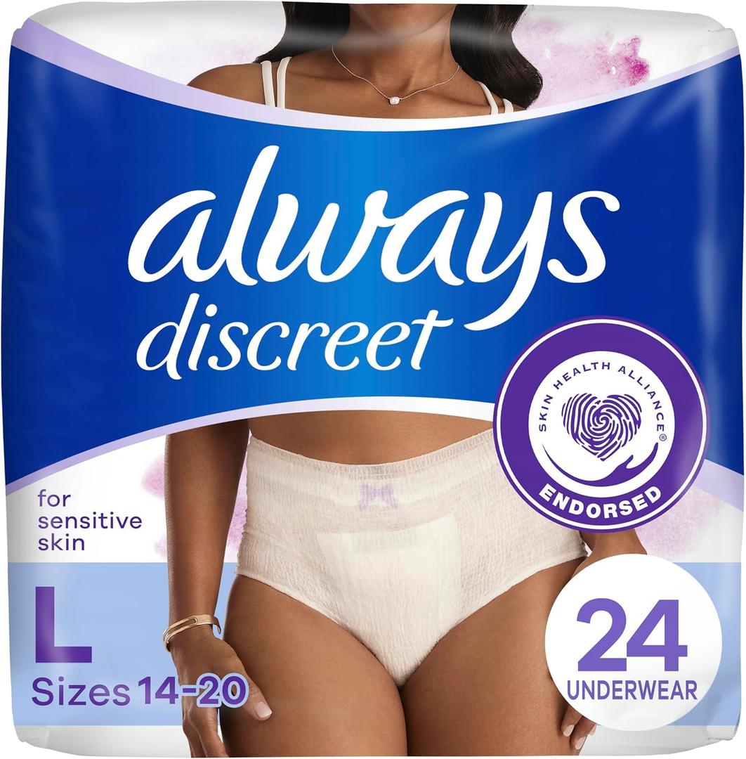 Always Discreet for Sensitive Skin Underwear, Four Times Skin Protection, Dermatologically Tested, Fragrance-Free, Maximum Absorbency, L, 24 Count (Packaging May Vary)