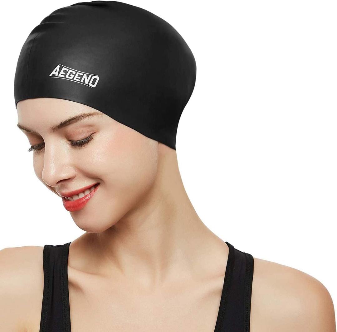 Aegend Swim Caps for Long Hair, Durable Silicone Swimming Caps for Women Men Adults Youths Kids, Easy to Put On and Off, 1 Pack, Black
