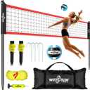 32 FT Volleyball Net Set for Backyard & Beach | Includes volleyball, pump, boundary lines, guide ropes, stakes and carry bag; 8, 7.8 and 7.4 FT settings for outdoor play