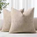 decorUhome Chenille Beige Throw Pillow Covers 18x18 Inch Set of 2, Decorative Soft Couch Pillow Covers Solid Dyed Accent Farmhouse Neutral Square Pillow Cases for Sofa Bed Living Room