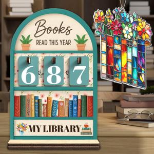 Books Read This Year Counter, Aesthetic Reading Tracker Sign for Home Library Decor, Book Suncatcher Ornament, Book Lover Gift for Librarian, Reader, Teacher, Women, Floral Bookshelf Accessories FF813