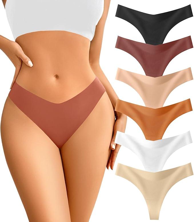 Seamless Thongs - No Show Underwear Pack - Breathable Panties for Women - Colorful 6 Thongs Size L
