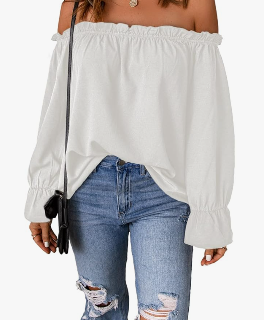Women's Off Shoulder Top Ruffle Long Sleeve Chiffon Blouse Casual Loose Shirts, Size S
