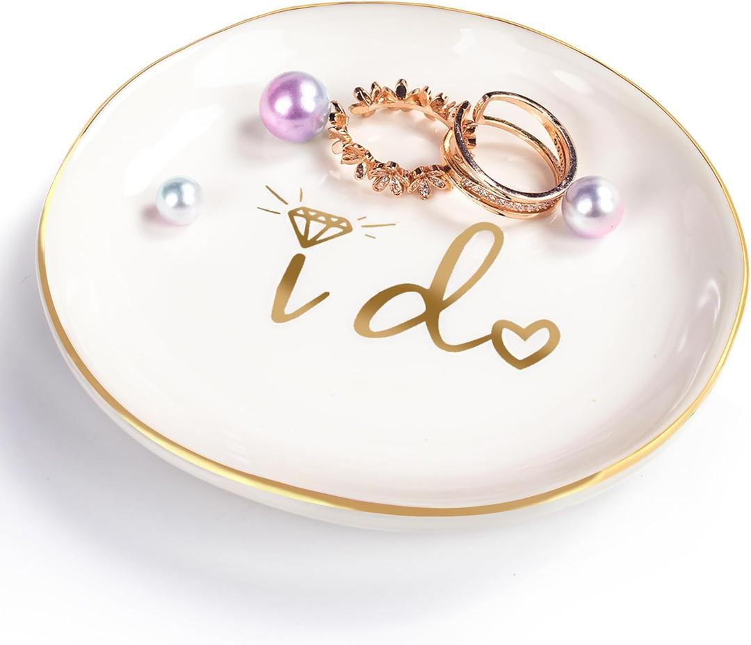 Edussy 1pc Jewelry Dish - Ceramic Jewelry Trinket Tray for Earrings Necklaces Bracelet Watch Keys Ring Holder Dish with I DO Letters Bridal Shower, Engagement Gifts for Bride To Be