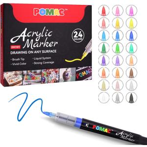 POMAC Liquid Acrylic Paint Markers 24 Colors, Waterproof Paint Marker Pens Brush Tip No-Bleed for Fabric, Canvas, Rock, Glass, Wood, DIY Crafts, Art Supplies