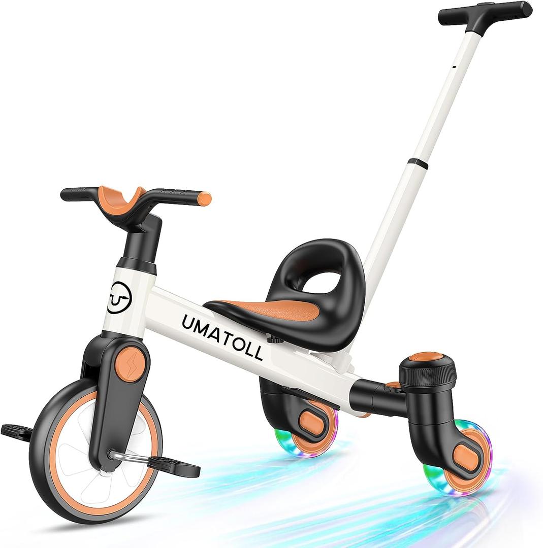 Umatoll 3-in-1 Toddler Tricycle for 18 Months to 5 Year Old, Toddler Toy with Adjustable Push Handle, Gift for Boy Girl Age 2-4, 360° Light-Up Drift Wheels (White)