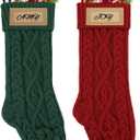 Oeyliz Personalized Christmas Stocking with Leather Patches 18 Inches Custom Name Large Family Christmas Stocking Knitted Stocking 2 Pack Christmas Stocking Set Christmas Decorations (Red+Green)
