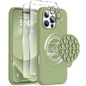 Magnetic for iPhone 16 Pro Case, Compatible with Magsafe, Suction Cup Phone Mount, 2 Screen Protectors - Camera Protector, Silicone Shockproof Protective Phone Cover 6.3", Tea Green