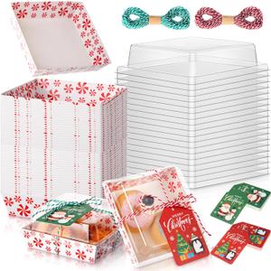Yaomiao 50 Pcs Christmas Charcuterie Boxes with Ropes Cards, Christmas Food Box with Clear Lids, Disposable Paper Bakery Square Dessert Containers for Xmas Party Favor Cookie Cake Sandwich (Canes)