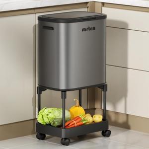 MRBIN Stainless Steel Tall Kitchen Trash Can with Shelf and Wheels, High Legs 36L / 9.5gal Press Top Narrow Waste Basket, Slim Lidded Litter Garbage Bin Pet Proof for Vanity, Bedroom, Eclipse Grey