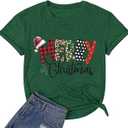 Merry Christmas Letter Print Crew Neck Casual Comfy T Shirts for Women Loose Fit Graphic Trendy Funny Family Xmas T Shirts for Women Family Holiday Letter Print Tee Tops(Green XL)