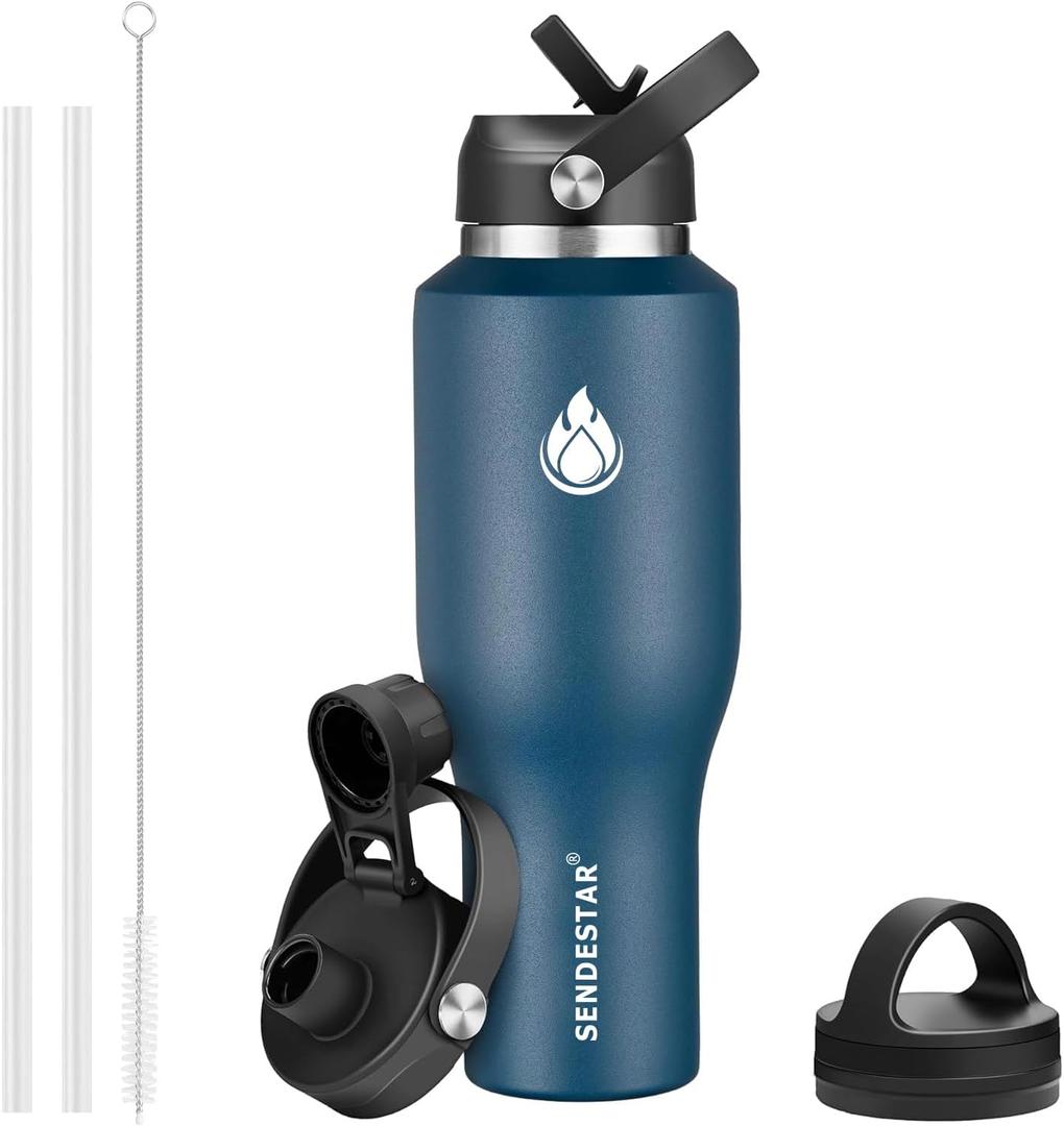 SENDESTAR 40oz Stainless Steel Water Bottle(Cold for 48 Hrs, Hot for 24 Hrs),Double Wall Vacuum Insulated Bottle with Straw Lid, Spout Lid and Flex Cap, Fit in Any Car Cup HolderNavy (Cobalt)