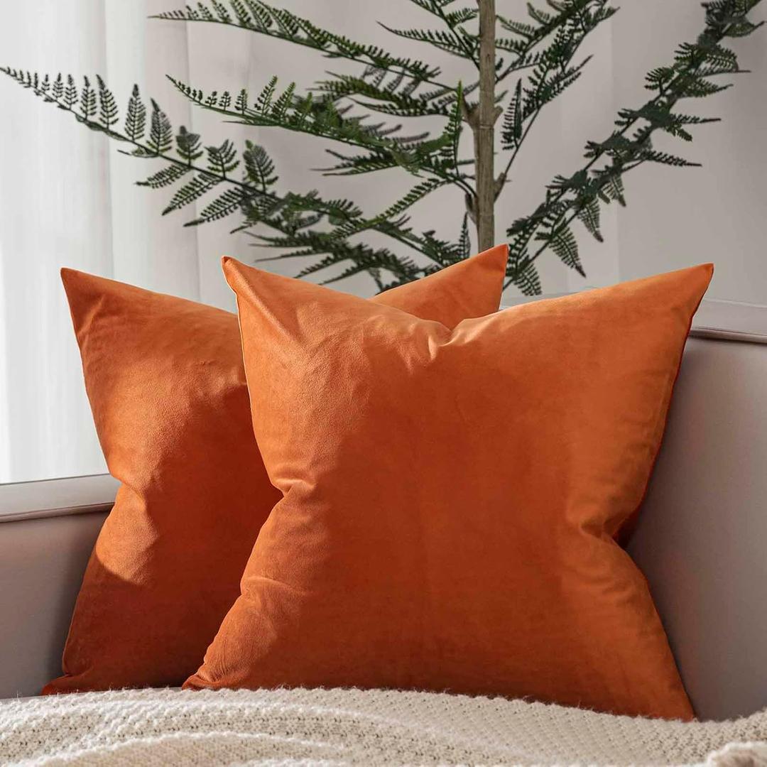 JUSPURBET Couch Pillow Covers Set of 2 Decorative Velvet Throw Pillow Covers Cases for Living Room Bedroom Home Decor Soft Cushion Covers Cases with Hidden Zipper for Sofa Bed 18x18 inch,Burnt Orange