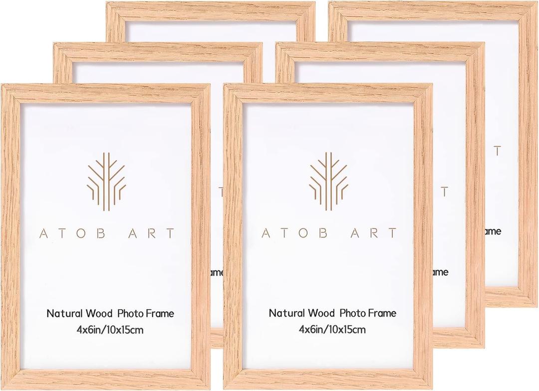 ATOBART 4x6 Picture Frame Set of 6, Made of Solid OAK Wood with Real Glass Front,4x6 Natural Wood Photo Frame for Wall Mount or Table Top Display