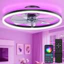 VOLISUN RGB Ceiling Fan with Lights and Remote, 23.6in Low Profile Ceiling Fan Flush Mount, 3000K-6500K Dimmable Fandelier LED Fan Light, Black Bladeless Ceilings Fans for Bedroom