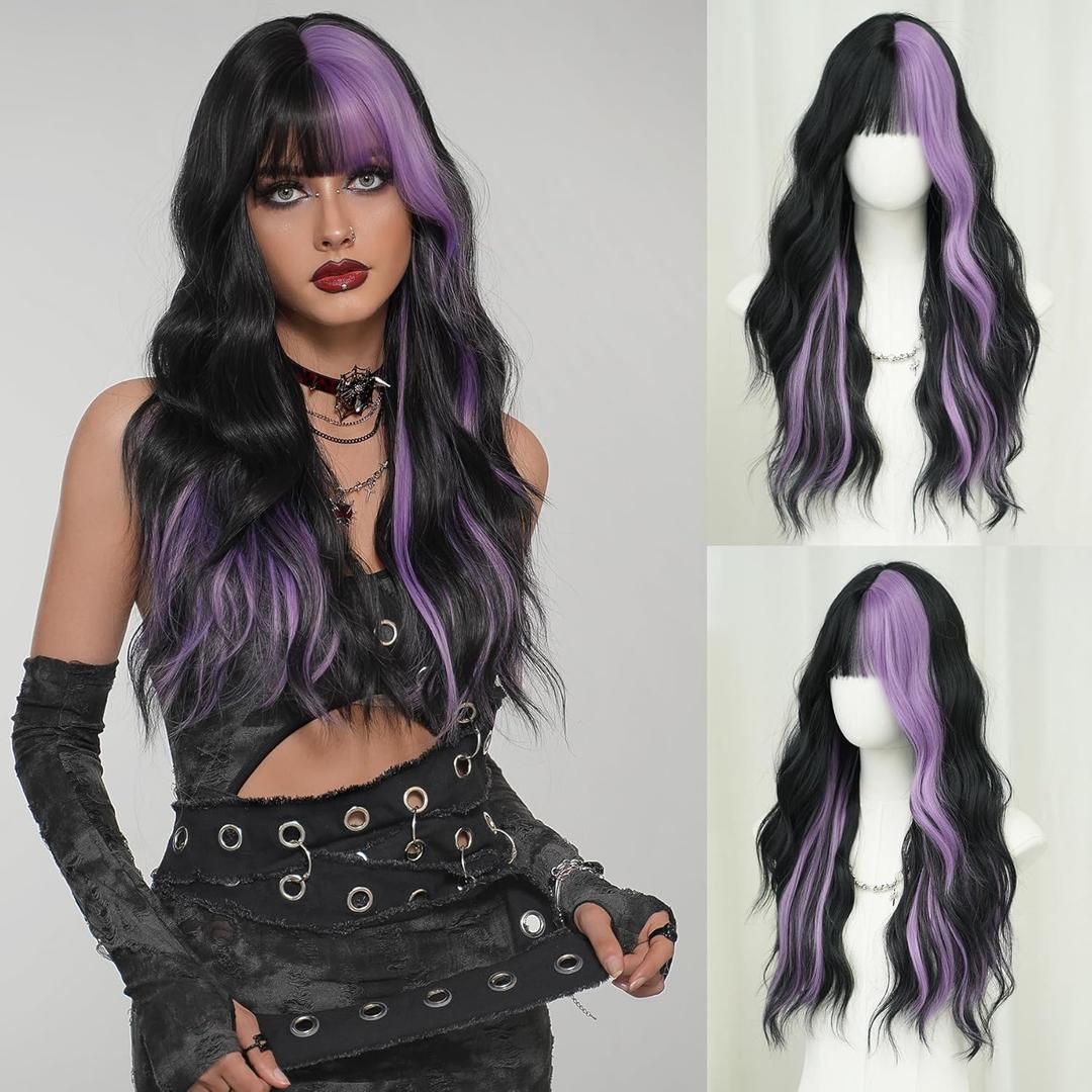 7JHH WIGS Long Wavy Purple Black Highlight Wig 27in Natural Heat Resistant Fiber Synthetic Curly Black Purple Highlight Ombre Wigs with Bangs for Women Girls Daily Party Chrismas Travel Used