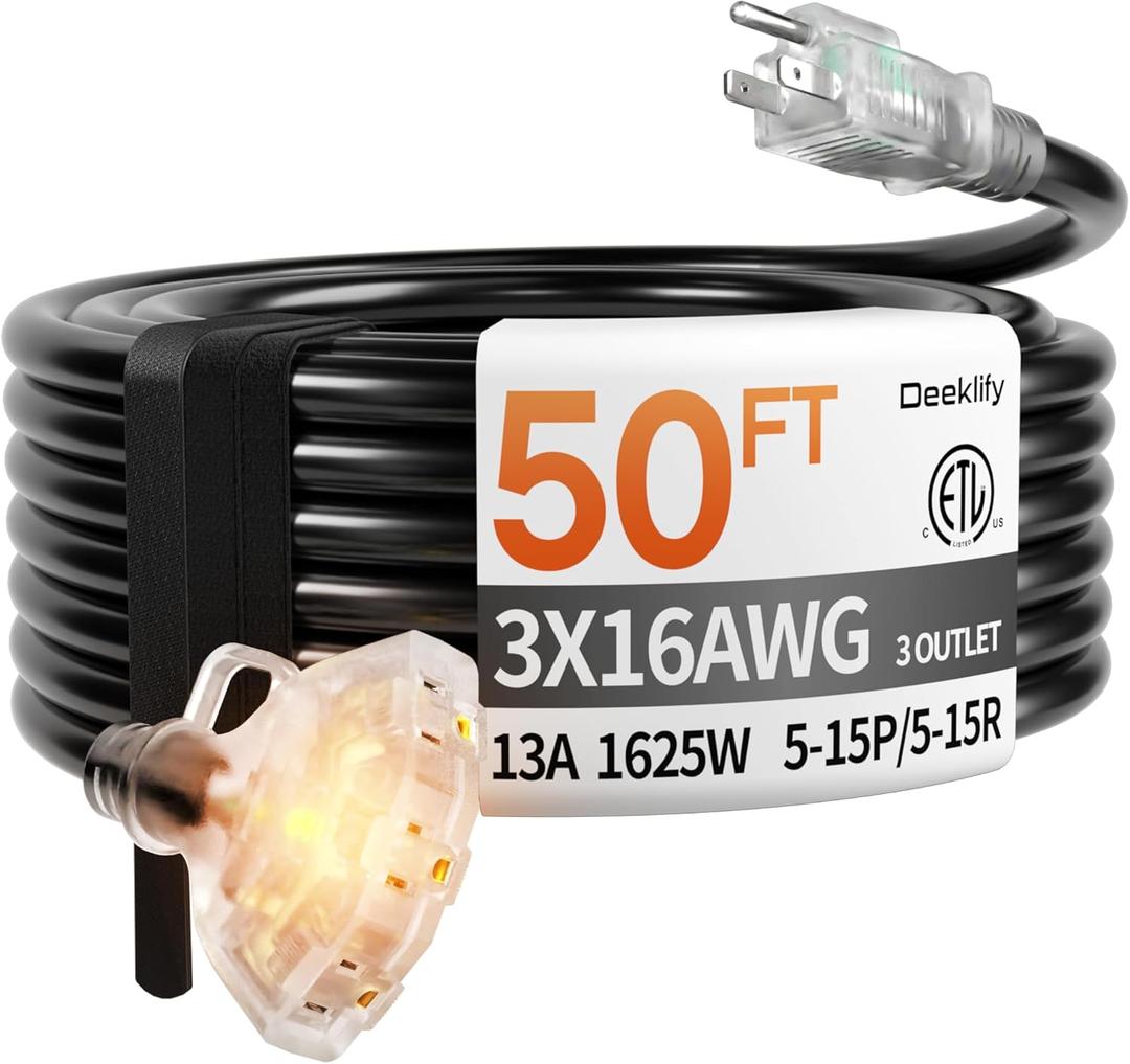 50 ft 16/3 awg 3 Outlet Extension Cord Splitter with Indicator, Waterproof Outdoor Extension Cord with Multiple Outlets, 13A 1625W for Home & Workshop, ETL Listed, Black SJTW