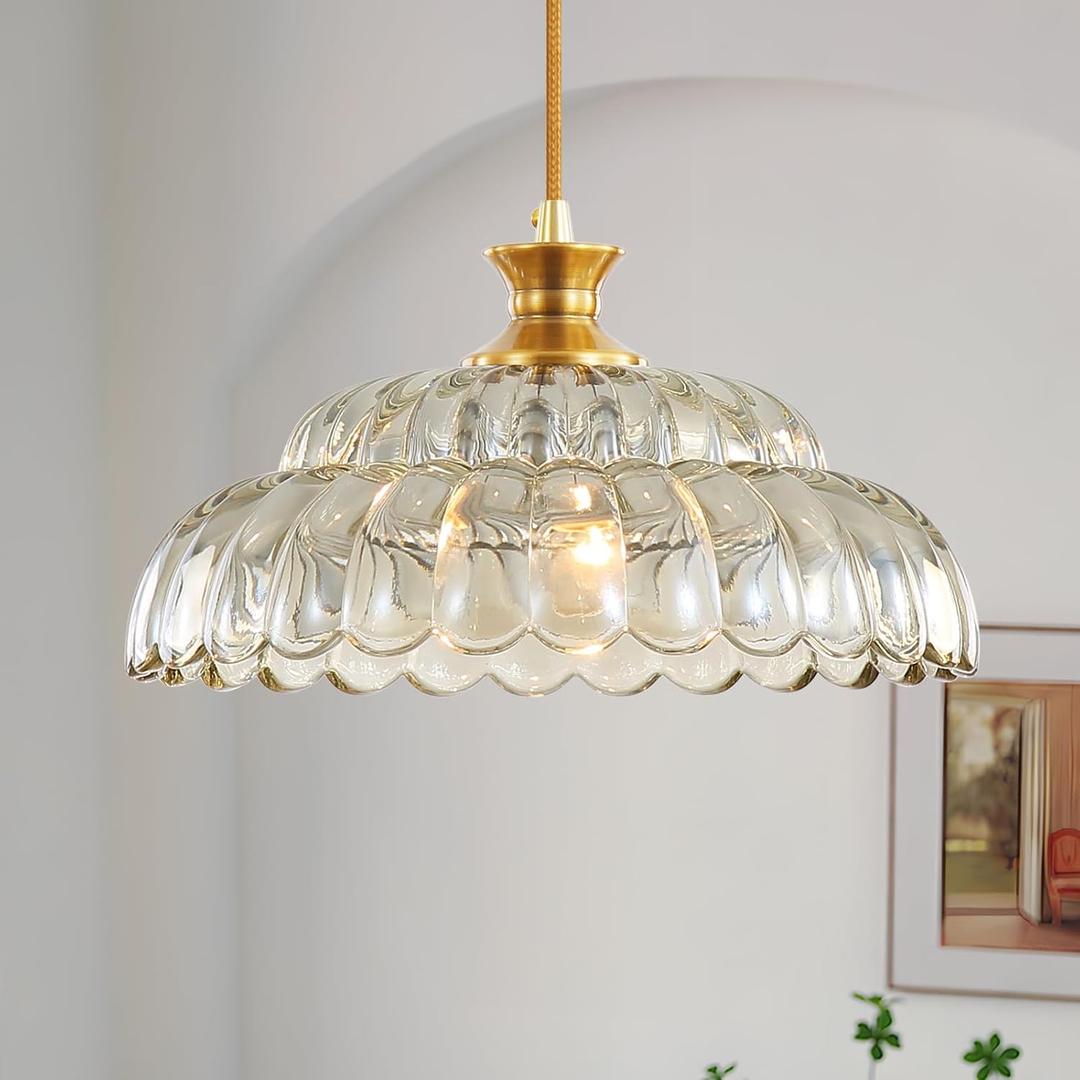 Glass Pendant Light Fixtures, Amber Glass Pendant Lights Kitchen Island, 11.8 inch Brass Ceiling Hanging Lamp,Mid Century 1-Light Chandelier Light Fixtures for Bedroom Dining Room