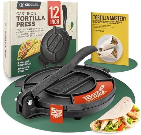 SIRCLES Tortilla Press 12 Inch Cast Iron - Extra Large, Heavy Duty 12 Inch Tortilla Press - Ebook Tortilla recipes - 5 Non-Slip Rubber Feet - Pre-Seasoned - Prensa Para Tortillas De 12 Pulgadas Grande