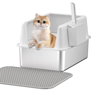 Stainless Steel Cat Litter Box with Lid,XL,19.7L x 13.8W x 11.8H Deep,Metal Litter Box with High Side,for Small and Large Cats,with a Scoop and Scoop Storage Box Litter Mat Double,Easy Cleaning (White 4 pcs gifts(11.8 deep))