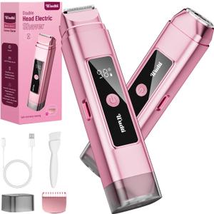 Dual Head Electric Bikini Trimmer for Women: IPX7 Waterproof Lady Shaver with LED Display - Rechargeable Pubic & Body Hair Razor - Rococo Pink