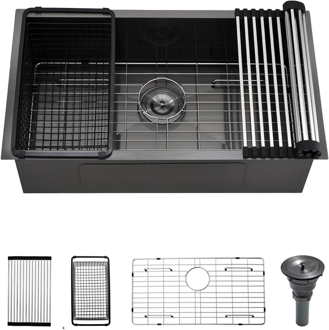 30 Black Stainless Steel Undermount Kitchen Sink, Luckyhorse 30 x 17 x 9 18 Gauge Gunmetal Black Stainless Steel Undermount Kitchen Sink LH025SQ